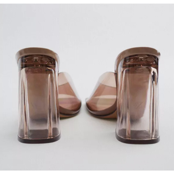 ZARA Womans 11.5 VINYL Sandals Slip On LUCITE Clear Heels Square Toes Brown - Picture 4 of 8